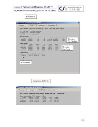 Manual de Aplicación del Programa ETABS v9
285
Ing. Eliud Hernández / eliudh5@gmail.com / 58-412-2390553
Resistencia
Revisión
Por Corte
Reacciones
Revisión
Por Flexión
Conectores de Corte
 