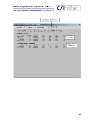 Manual de Aplicación del Programa ETABS v9
286
Ing. Eliud Hernández / eliudh5@gmail.com / 58-412-2390553
Condición de Servicio
Flechas
Servici
Vibración
Servicio
 