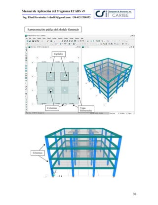 Manual de Aplicación del Programa ETABS v9
30
Ing. Eliud Hernández / eliudh5@gmail.com / 58-412-2390553
Capiteles
Columnas
Representación gráfica del Modelo Generado
Vigas
Perimetrales
Columnas
 
