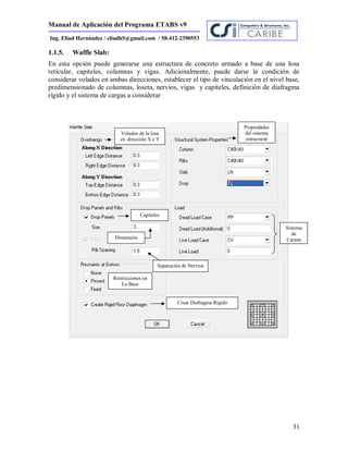 Manual de Aplicación del Programa ETABS v9
31
Ing. Eliud Hernández / eliudh5@gmail.com / 58-412-2390553
1.1.5. Waffle Slab:
En esta opción puede generarse una estructura de concreto armado a base de una losa
reticular, capiteles, columnas y vigas. Adicionalmente, puede darse la condición de
considerar volados en ambas direcciones, establecer el tipo de vinculación en el nivel base,
predimensionado de columnas, loseta, nervios, vigas y capiteles, definición de diafragma
rígido y el sistema de cargas a considerar
Volados de la losa
en dirección X e Y
Propiedades
del sistema
estructural
Sistema
de
Cargas
Capiteles
Restricciones en
La Base
Crear Diafragma Rígido
Separación de Nervios
Dimensión
 