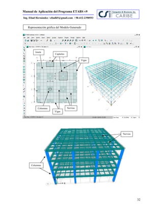Manual de Aplicación del Programa ETABS v9
32
Ing. Eliud Hernández / eliudh5@gmail.com / 58-412-2390553
Capiteles
Representación gráfica del Modelo Generado
NerviosColumnas
Vigas
Vigas
loseta
Columnas
Nervios
 