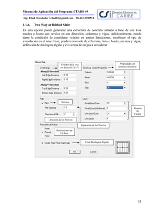 Manual de Aplicación del Programa ETABS v9
33
Ing. Eliud Hernández / eliudh5@gmail.com / 58-412-2390553
1.1.6. Two Way or Ribbed Slab:
En esta opción puede generarse una estructura de concreto armado a base de una losa
maciza o loseta con nervios en una dirección, columnas y vigas. Adicionalmente, puede
darse la condición de considerar volados en ambas direcciones, establecer el tipo de
vinculación en el nivel base, predimensionado de columnas, losa o loseta, nervios y vigas,
definición de diafragma rígido y el sistema de cargas a considerar
Volados de la losa
en dirección X e Y
Propiedades del
sistema estructural
Sistema
de
Cargas
Nervios
Restricciones en
La Base
Dirección de los Nervios
Crear Diafragma Rígido
Separación de los Nervios
 