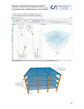 Manual de Aplicación del Programa ETABS v9
34
Ing. Eliud Hernández / eliudh5@gmail.com / 58-412-2390553
Vigas
Representación gráfica del Modelo Generado
losa
Columnas Nervios
Columnas
Nervios
 
