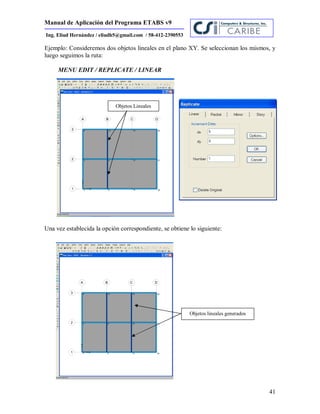 Manual de Aplicación del Programa ETABS v9
41
Ing. Eliud Hernández / eliudh5@gmail.com / 58-412-2390553
Ejemplo: Consideremos dos objetos lineales en el plano XY. Se seleccionan los mismos, y
luego seguimos la ruta:
MENU EDIT / REPLICATE / LINEAR
Una vez establecida la opción correspondiente, se obtiene lo siguiente:
Objetos lineales generados
Objetos Lineales
 