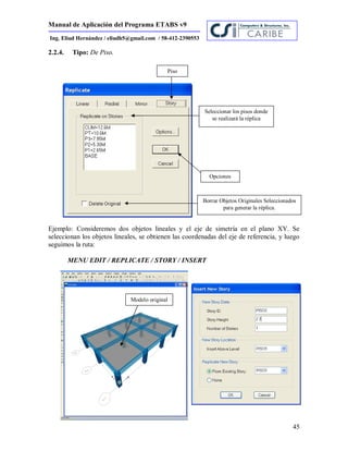 Manual de Aplicación del Programa ETABS v9
45
Ing. Eliud Hernández / eliudh5@gmail.com / 58-412-2390553
2.2.4. Tipo: De Piso.
Ejemplo: Consideremos dos objetos lineales y el eje de simetría en el plano XY. Se
seleccionan los objetos lineales, se obtienen las coordenadas del eje de referencia, y luego
seguimos la ruta:
MENU EDIT / REPLICATE / STORY / INSERT
Piso
Seleccionar los pisos donde
se realizará la réplica
Opciones
Borrar Objetos Originales Seleccionados
para generar la réplica.
Modelo original
 