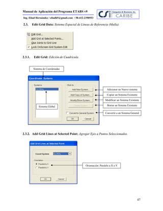 Manual de Aplicación del Programa ETABS v9
47
Ing. Eliud Hernández / eliudh5@gmail.com / 58-412-2390553
2.3. Edit Grid Data: Sistema Espacial de Líneas de Referencia (Malla).
2.3.1. Edit Grid: Edición de Cuadrícula.
2.3.2. Add Grid Lines at Selected Point: Agregar Ejes a Puntos Seleccionados.
Adicionar un Nuevo sistema
Copiar un Sistema Existente
Modificar un Sistema Existente
Borrar un Sistema Existente
Convertir a un Sistema General
Sistema de Coordenadas
Sistema Global
Orientación: Paralelo a X o Y
 