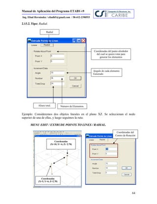 Manual de Aplicación del Programa ETABS v9
64
Ing. Eliud Hernández / eliudh5@gmail.com / 58-412-2390553
2.13.2. Tipo: Radial.
Ejemplo: Consideremos dos objetos lineales en el plano XZ. Se seleccionan el nodo
superior de una de ellas, y luego seguimos la ruta:
MENU EDIT / EXTRUDE POINTS TO LINES / RADIAL.
Radial
Coordenadas del punto alrededor
del cual se quiere rotar para
generar los elementos
Angulo de cada elemento
Generado
Número de Elementos.Altura total.
Coordenadas
(X=10, Y= 6, Z= 2.70)
Coordenadas
(X=5, Y=6, Z=2.70)
Coordenadas del
Centro de Rotación
 