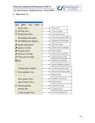 Manual de Aplicación del Programa ETABS v9
69
Ing. Eliud Hernández / eliudh5@gmail.com / 58-412-2390553
3. Menú View: Ver
Vista en 3D
Vista en el plano
Vista en Elevaciones
Vista de Límites del Edificio
Opciones Vista del Edificio
Zoom de Ventana
Máximo Zoom en Pantalla
Zoom Anterior
Acercar Zoom en un Paso
Alejar Zoom en un Paso
Desplazarse en Pantalla
Obtener Medidas de Objetos
Cambiar Ubicación de Ejes
Mostrar sólo lo Seleccionado
Mostrar Todo
Guardar la Vista Actual
Mostrar Vistas
Actualizar Ventana
Actualizar Vista
Crear Vista Renderizada
 