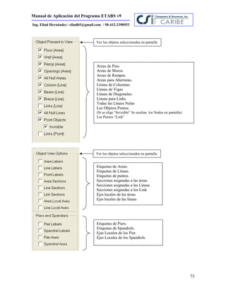Manual de Aplicación del Programa ETABS v9
73
Ing. Eliud Hernández / eliudh5@gmail.com / 58-412-2390553
Ver los objetos seleccionados en pantalla
Areas de Piso.
Areas de Muros.
Areas de Rampas.
Areas para Aberturas.
Líneas de Columnas
Líneas de Vigas
Líneas de Diagonales.
Líneas para Links.
Todas las Líneas Nulas
Los Objetos Puntos.
(Si se elige “Invisible” Se ocultan los Nodos en pantalla)
Los Puntos “Link”
Ver los objetos seleccionados en pantalla
Etiquetas de Areas.
Etiquetas de Líneas.
Etiquetas de puntos.
Secciones asignadas a las áreas
Secciones asignadas a las Líneas
Secciones asignadas a los Link
Ejes locales de las áreas
Ejes locales de las líneas
Etiquetas de Piers.
Etiquetas de Spandrels.
Ejes Locales de los Pier.
Ejes Locales de los Spandrels.
 