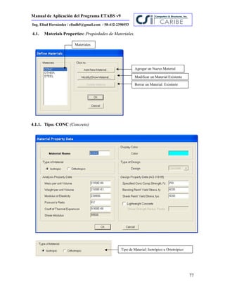Manual de Aplicación del Programa ETABS v9
77
Ing. Eliud Hernández / eliudh5@gmail.com / 58-412-2390553
4.1. Materials Properties: Propiedades de Materiales.
4.1.1. Tipo: CONC (Concreto)
Materiales
Agregar un Nuevo Material
Modificar un Material Existente
Borrar un Material Existente
Tipo de Material: Isotrópico u Ortotrópico
 