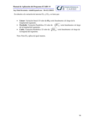 Manual de Aplicación del Programa ETABS v9
94
Ing. Eliud Hernández / eliudh5@gmail.com / 58-412-2390553
En relación a la variación de inercias EI33 y EI22, se tiene que:
 Linear: Variación lineal. El valor de EI33 varía linealmente a lo largo de la
longitud del segmento.
 Parabolic: Variación Parabólica. El valor de varía linealmente a lo largo
de la longitud del segmento.
 Cubic: Variación Parabólica. El valor de varía linealmente a lo largo de
la longitud del segmento.
Nota: Para EI22 aplica de igual manera.
 