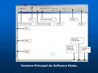 Ventana Principal de Software Etabs.
Opción de
Asignación
Por niveles.
Sistema de
Coordenadas.
Unidades de
trabajo.
Main.
Point and joint assign.
Frame line assign.
Shell and area assign. Define.
Display
Design.
Draw.
Select.
Snap.
 