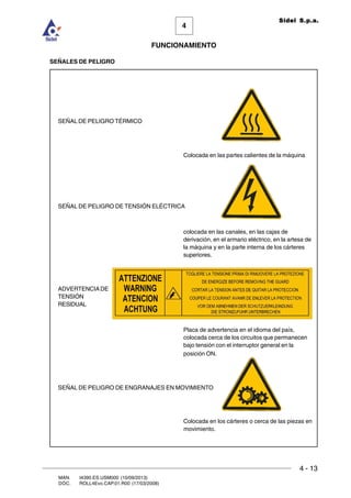 FUNCIONAMIENTO
4 - 13
MAN. I4390.ES.USM000 (10/09/2013)
DOC. ROLL4Evo.CAP.01.R00 (17/03/2008)
4
Sidel S.p.a.
SEÑALES DE PELIGRO
SEÑAL DE PELIGRO TÉRMICO
Colocada en las partes calientes de la máquina
SEÑAL DE PELIGRO DE TENSIÓN ELÉCTRICA
colocada en las canales, en las cajas de
derivación, en el armario eléctrico, en la artesa de
la máquina y en la parte interna de los cárteres
superiores.
ADVERTENCIADE
TENSIÓN
RESIDUAL
Placa de advertencia en el idioma del país,
colocada cerca de los circuitos que permanecen
bajo tensión con el interruptor general en la
posición ON.
SEÑAL DE PELIGRO DE ENGRANAJES EN MOVIMIENTO
Colocada en los cárteres o cerca de las piezas en
movimiento.
 
