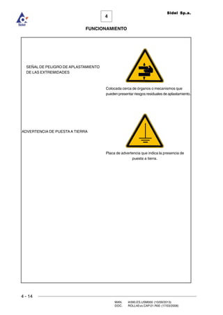 4 - 14
MAN. I4390.ES.USM000 (10/09/2013)
DOC. ROLL4Evo.CAP.01.R00 (17/03/2008)
FUNCIONAMIENTO
4
Sidel Sp.a.
SEÑAL DE PELIGRO DE APLASTAMIENTO
DE LAS EXTREMIDADES
Colocada cerca de órganos o mecanismos que
pueden presentar riesgos residuales de aplastamiento.
ADVERTENCIA DE PUESTA A TIERRA
Placa de advertencia que indica la presencia de
puesta a tierra.
 