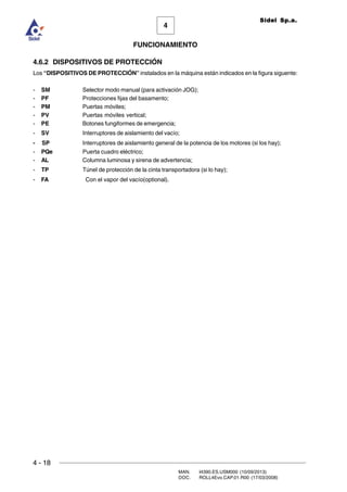 4 - 18
MAN. I4390.ES.USM000 (10/09/2013)
DOC. ROLL4Evo.CAP.01.R00 (17/03/2008)
FUNCIONAMIENTO
4
Sidel Sp.a.
4.6.2 DISPOSITIVOS DE PROTECCIÓN
Los “DISPOSITIVOS DE PROTECCIÓN” instalados en la máquina están indicados en la figura siguente:
- SM Selector modo manual (para activación JOG);
- PF Protecciones fijas del basamento;
- PM Puertas móviles;
- PV Puertas móviles vertical;
- PE Botones fungiformes de emergencia;
- SV Interruptores de aislamiento del vacío;
- SP Interruptores de aislamiento general de la potencia de los motores (si los hay);
- PQe Puerta cuadro eléctrico;
- AL Columna luminosa y sirena de advertencia;
- TP Túnel de protección de la cinta transportadora (si lo hay);
- FA Con el vapor del vacío(optional).
 