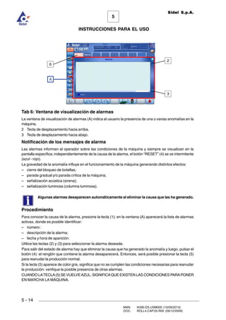 MAN. I4390.ES.USM000 (10/09/2013)
DOC. ROLL4.CAP.05.R00 (09/12/2009)
Sidel S.p.A.
5
INSTRUCCIONES PARA EL USO
5 - 14
Tab 6: Ventana de visualización de alarmas
La ventana de visualización de alarmas (A) indica al usuario la presencia de una o varias anomalías en la
máquina.
2 Tecla de desplazamiento hacia arriba.
3 Tecla de desplazamiento hacia abajo.
Notificación de los mensajes de alarma
Las alarmas informan al operador sobre las condiciones de la máquina y siempre se visualizan en la
pantalla específica; independientemente de la causa de la alarma, el botón “RESET” (4) se ve intermitente
(azul - rojo).
La gravedad de la anomalía influye en el funcionamiento de la máquina generando distintos efectos:
– cierre del bloqueo de botellas;
– parada gradual y/o parada crítica de la máquina;
– señalización acústica (sirena);
– señalización luminosa (columna luminosa).
Algunas alarmas desaparecen automáticamente al eliminar la causa que las ha generado.
Procedimiento
Para conocer la causa de la alarma, presione la tecla (1); en la ventana (A) aparecerá la lista de alarmas
activas, donde es posible identificar:
– número :
– descripción de la alarma;
– fecha y hora de aparición.
Utilice las teclas (2) y (3) para seleccionar la alarma deseada.
Para salir del estado de alarma hay que eliminar la causa que ha generado la anomalía y luego, pulsar el
botón (4): el renglón que contiene la alarma desaparecerá. Entonces, será posible presionar la tecla (5)
para reanudar la producción normal.
Si la tecla (5) aparece de color gris, significa que no se cumplen las condiciones necesarias para reanudar
la producción: verifique la posible presencia de otras alarmas.
CUANDO LATECLA(5) SE VUELVEAZUL, SIGNIFICAQUE EXISTEN LAS CONDICIONES PARAPONER
EN MARCHA LA MÁQUINA.
A
2
3
6
 