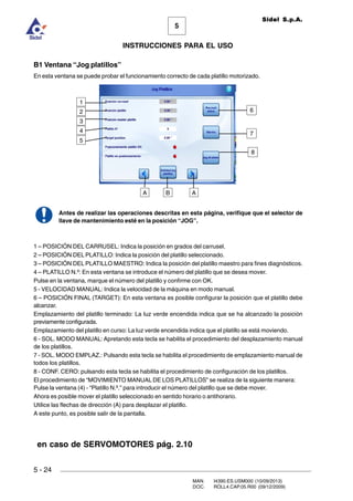 MAN. I4390.ES.USM000 (10/09/2013)
DOC. ROLL4.CAP.05.R00 (09/12/2009)
Sidel S.p.A.
5
INSTRUCCIONES PARA EL USO
5 - 24
B1 Ventana “Jog platillos”
En esta ventana se puede probar el funcionamiento correcto de cada platillo motorizado.
Antes de realizar las operaciones descritas en esta página, verifique que el selector de
llave de mantenimiento esté en la posición “JOG”.
1 – POSICIÓN DEL CARRUSEL: Indica la posición en grados del carrusel.
2 – POSICIÓN DEL PLATILLO: Indica la posición del platillo seleccionado.
3 – POSICIÓN DEL PLATILLO MAESTRO: Indica la posición del platillo maestro para fines diagnósticos.
4 – PLATILLO N.º: En esta ventana se introduce el número del platillo que se desea mover.
Pulse en la ventana, marque el número del platillo y confirme con OK.
5 - VELOCIDAD MANUAL: Indica la velocidad de la máquina en modo manual.
6 – POSICIÓN FINAL (TARGET): En esta ventana es posible configurar la posición que el platillo debe
alcanzar.
Emplazamiento del platillo terminado: La luz verde encendida indica que se ha alcanzado la posición
previamente configurada.
Emplazamiento del platillo en curso: La luz verde encendida indica que el platillo se está moviendo.
6 - SOL. MODO MANUAL: Apretando esta tecla se habilita el procedimiento del desplazamiento manual
de los platillos.
7 - SOL. MODO EMPLAZ.: Pulsando esta tecla se habilita el procedimiento de emplazamiento manual de
todos los platillos.
8 - CONF. CERO: pulsando esta tecla se habilita el procedimiento de configuración de los platillos.
El procedimiento de “MOVIMIENTO MANUAL DE LOS PLATILLOS” se realiza de la siguiente manera:
Pulse la ventana (4) - “Platillo N.º.” para introducir el número del platillo que se debe mover.
Ahora es posible mover el platillo seleccionado en sentido horario o antihorario.
Utilice las flechas de dirección (A) para desplazar el platillo.
A este punto, es posible salir de la pantalla.
6
7
A
5
4
3
2
1
8
A B
en caso de SERVOMOTORES pág. 2.10
 
