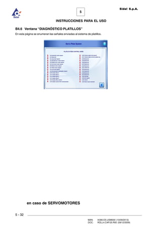 MAN. I4390.ES.USM000 (10/09/2013)
DOC. ROLL4.CAP.05.R00 (09/12/2009)
Sidel S.p.A.
5
INSTRUCCIONES PARA EL USO
5 - 32
B4.6 Ventana “DIAGNÓSTICO PLATILLOS”
En esta página se enumeran las señales enviadas al sistema de platillos.
en caso de SERVOMOTORES
 