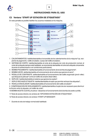 MAN. I4390.ES.USM000 (10/09/2013)
DOC. ROLL4.CAP.05.R00 (09/12/2009)
Sidel S.p.A.
5
INSTRUCCIONES PARA EL USO
5 - 36
C2 Ventana “START UP ESTACIÓN DE ETIQUETADO”
En esta pantalla es posible habilitar los usuarios instalados en la máquina.
1 CALENTAMIENTOS: habilita/deshabilita el encendido de los calentamientos de la máquina* (ej. reci-
piente de pegamento, rodillo encolador, cuerpo del rodillo encolador).
2 SISTEMA DE CORTE: habilita/deshabilita el corte de la etiqueta (en ciclo de producción normal, el
corte de la etiqueta siempre está habilitado; se recomienda deshabilitar el corte de la etiqueta únicamente
durante el mantenimiento o en condiciones particulares).
3 BOMBAPEGAMENTO: habilita/deshabilita el funcionamiento de la bomba de pegamento*.
4 BOMBAVACÍO: abilita/deshabilita el funcionamiento de la turbina que genera el vacío*.
5 RODILLO DE CONTRASTE: abilita/deshabilita el funcionamiento del rodillo engomado (pinch roller)
que bloquea la película* contra el rodillo de arrastre (feed roller).
6 SOPLOS: habilita/deshabilita el sistema que genera los soplos*.
7 SOPLO RECHAZO ETIQUETA: habilita/deshabilita el soplo que permite rechazar las etiquetas*.
8 RODILLO ENCOLADOR: habilita/deshabilita el funcionamiento del rodillo encolador*.
9 COMPENSACION DE DESLIZAMIENTO: habilita/deshabilita el soplo de aire necesario para disminuir
la fricción entre la etiqueta y el rodillo de corte*.
10 BOMBAACEITE CUCHILLA:activar / desactivar el funcionamiento de la bomba de aceite cuchilla.
11 Tecla de acceso directo a la ventana de “OPCIONES ESTACIÓN DE ETIQUETADO”.
12 Tecla de acceso directo a la ventana “START UP MANAGER”.
* Durante el ciclo de trabajo normal está habilitado
6
5
4
3
2
7
1
9
8
12
10
11
 