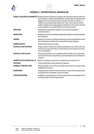 1 - 15
1
Sidel S.p.A.
NORMAS Y ADVERTENCIAS GENERALES
MAN. I4390.ES.USM000 (10/09/2013)
DOC. ROLL4.CAP.01.R00 (17/03/2008)
RODILLO DE DESPLAZAMIENTO Sistema giratorio dotado de: agujeros de aspiración para la retención
de la etiqueta y lóbulos sobresalientes que permiten la aplicación del
pegamento en los extremos de la etiqueta. Durante la rotación, el
rodillo toma la etiqueta del sistema de corte y toca suavemente el
rodillo encolador para luego aplicar la etiqueta en el envase colocado
entre el platillo y la campanilla del carrusel de centrado.
RECHAZO Separador encargado de clasificar los envases etiquetados
incorrectamente.
SEMÁFORO Indicador luminoso que señala los diferentes estados de funcionamiento
de la máquina.
SIRENA Aparato que emite una señal acústica que informa al operador acerca
de los diferentes estados de funcionamiento de la máquina.
BORDE SIN FIN Soporte de la guía de entrada.
ESTRELLADE ENTRADA Órgano giratorio dotado de alvéolos perfilados cuya función es la de
tomar los envases del sinfín y transportarlos al carrusel de centrado
para el etiquetado.
ESTRELLA DE SALIDA Componente giratorio con cavidades conformadas que recupera del
carrusel los envases etiquetados y los transporta hacia la salida de la
máquina.
TAMPÓN DE BLOQUEO DE LA Órgano neumático cuya función es detener los envases en la
ENTRADA cinta transportadora de entrada a la máquina.
CABEZAL PRENSA-TAPA Pieza de plástico con forma de campana que retiene el envase sobre
el platillo del carrusel.
MARCADOR Dispositivo que imprime números, letras u otras informaciones sobre
la superficie de la etiqueta o de los envases.
TRANSPORTADOR Instalación compuesta por una cinta utilizada para el transporte de los
envases (véase cinta transportadora).
 