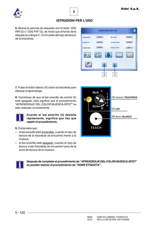 5 - 122
MAN. I4390.ES.USM000 (12/09/2013)
DOC. ROLL4.CAP.05.R00 (03/12/2009)
5
Sidel S.p.A.
ISTRUZIONI PER L’USO
6. Mueva la película de etiquetas con la tecla “JOG
RW”(2) o “JOG FW” (3), de modo que el fondo de la
etiqueta se coloque 5 - 8 mm antes del rayo de lectura
de la fotocélula.
7. Pulse el botón blanco (6) sobre la fotocélula para
efectuar el aprendizaje.
8. Cerciórese de que el led amarillo de control (5)
esté apagado; esto significa que el procedimiento
“APRENDIZAJE DEL COLOR MUESCA-SPOT” ha
sido realizado correctamente.
Cuando el led amarillo (5) destella
rápidamente, significa que hay que
repetir el procedimiento.
9. Compruebe que:
– el led amarillo esté encendido, cuando el rayo de
lectura de la fotocélula se encuentra frente a la
muesca;
– el led amarillo esté apagado, cuando el rayo de
lectura d ela fotocélula se encuentra fuera de la
zona de lectura de la muesca.
Después de completar el procedimiento de “APRENDIZAJE DEL COLOR MUESCA-SPOT”
es posible realizar el procedimiento de “HOME ETIQUETA”.
2 3
(4) Selector TEACH/RUN
(5) LED
(6) Botón BLANCO
 