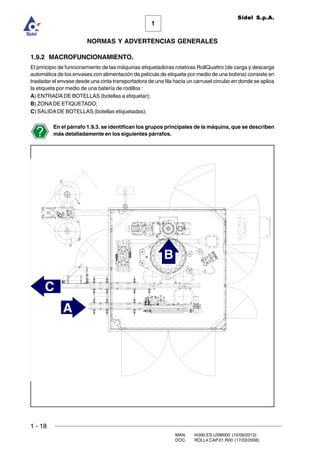 1 - 18
MAN. I4390.ES.USM000 (10/09/2013)
DOC. ROLL4.CAP.01.R00 (17/03/2008)
1
NORMAS Y ADVERTENCIAS GENERALES
Sidel S.p.A.
1.9.2 MACROFUNCIONAMIENTO.
El principio de funcionamiento de las máquinas etiquetadoras rotativas RollQuattro (de carga y descarga
automática de los envases con alimentación de película de etiqueta por medio de una bobina) consiste en
trasladar el envase desde una cinta transportadora de una fila hacia un carrusel circular en donde se aplica
la etiqueta por medio de una batería de rodillos :
A) ENTRADA DE BOTELLAS (botellas a etiquetar);
B) ZONADE ETIQUETADO;
C) SALIDADE BOTELLAS (botellas etiquetadas);
En el párrafo 1.9.3. se identifican los grupos principales de la máquina, que se describen
más detalladamente en los siguientes párrafos.
B
C
A
 