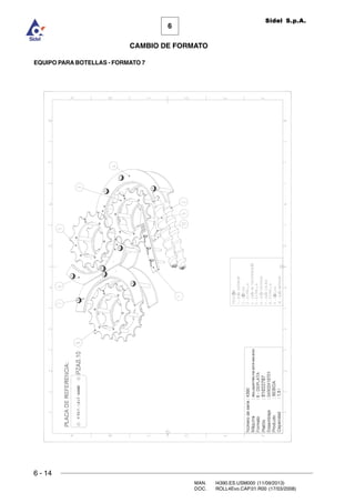 6 - 14
MAN. I4390.ES.USM000 (11/09/2013)
DOC. ROLL4Evo.CAP.01.R00 (17/03/2008)
6
CAMBIO DE FORMATO
Sidel S.p.A.
EQUIPO PARA BOTELLAS - FORMATO 7
 