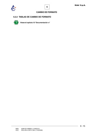6 - 15
6
CAMBIO DE FORMATO
MAN. I4390.ES.USM000 (11/09/2013)
DOC. ROLL4Evo.CAP.01.R00 (17/03/2008)
Sidel S.p.A.
6.3.3 TABLAS DE CAMBIO DE FORMATO
Véase el capítulo 10 Documentación e
 