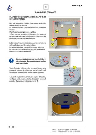 6 - 36
MAN. I4390.ES.USM000 (11/09/2013)
DOC. ROLL4Evo.CAP.01.R00 (17/03/2008)
6
CAMBIO DE FORMATO
Sidel S.p.A.
PLATILLOS DE DESENGANCHE RÁPIDO (SI
ESTÁN PREVISTOS)
Hay que sustituirlos cuando los envases tienen ba-
ses de tamaños distintos.
En este caso, habrá un platillo específico para cada
envase.
Platillo con desenganches rápidos
1. Para efectuar la sustitución/introducción, presione
la palanca A y suba al mismo tiempo el equipo del
platillo B como se indica en la figura.
2. Controle el movimiento de desenganche: el retorno
del muelle debe ser libre e inmediato.
3. Antes de instalar los platillos nuevos, lubrique
los pernos con una capa fina de grasa para facilitar
la introducción en sus asientos.
Los pernos deben entrar con facilidad y
sin esfuerzos. ¡Compruebe que el equipo
esté bien fijado!
Todo el equipo relativo a los formatos llevará una
marca de colores de referencia o una incisión del
formato del envase que el equipo puede etiquetar.
4. Cuando vaya a introducir el nuevo equipo del platillo,
verifique cuidadosamente la alineación entre el
pasador C y su agujero de alojamiento D.
A
B
D
C
 
