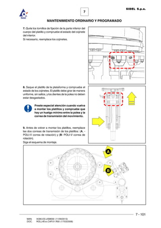 7 - 101
7
MANTENIMIENTO ORDINARIO Y PROGRAMADO
MAN. I4390.ES.USM000 (11/09/2013)
DOC. ROLL4Evo.CAP.01.R00 (17/03/2008)
SIDEL S.p.a.
7. Quite los tornillos de fijación de la parte inferior del
cuerpo del platillo y compruebe el estado del cojinete
del interior.
Si necesario, reemplace los cojinetes.
8. Saque el platillo de la plataforma y compruebe el
estado de los cojinetes. El platillo debe girar de manera
uniforme, sin saltos, y los dientes de la polea no deben
estar desgastados.
Preste especial atención cuando vuelva
a montar los platillos y compruebe que
hay un huelgo mínimo entre la polea y la
correa de transmisión del movimiento.
9. Antes de volver a montar los platillos, reemplace
las dos correas de transmisión de los platillos: (A, -
POLI-V correa de rotación) y (B- POLI-V correa de
rotación).
Siga el esquema de montaje.
B
A
 