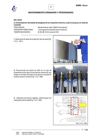 7 - 149
7
MANTENIMIENTO ORDINARIO Y PROGRAMADO
MAN. I4390.ES.USM000 (11/09/2013)
DOC. ROLL4Evo.CAP.01.R00 (17/03/2008)
SIDEL S.p.a.
B47. GATO
b. Comprobación del estado de desgaste de los casquillos internos, el perno de guía y la rueda de
contraste
FRECUENCIA: Mantenimiento cada 12000 horas (bienal)
OPERADOR HABILITADO: 1 encargado de mantenimiento mecánico
TIEMPO NECESARIO: A: ND; B: 150 minutos; C: ND
______________________________________________________________________
1. Desmontar el cárter de protección del carrusel (Fig.
7.4.3 - 467).
2. Presionando las teclas de JOG en la caja de
pulsadores móvil, girar el carrusel de manera tal, que
el gato a controlar coincida con la abertura situada en
la parte superior central (Fig. 7.4.3 - 468).
3. Utilizando dos llaves inglesas, desenrosque los
cabezales prensa-tapa(Fig. 7.4.3 - 469).
Fig. 7.4.3 - 468
Fig. 7.4.3 - 467
Fig. 7.4.3 - 469
 