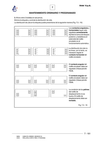 7 - 161
7
MANTENIMIENTO ORDINARIO Y PROGRAMADO
MAN. I4380.ES.USM000 (08/08/2013)
DOC. ROLL4Evo.CAP.01.R00 (17/03/2008)
Sidel S.p.A.
3. Ahora retire 3 botellas en secuencia.
Elimine la etiqueta y controle la distribución de cola.
La distribución de cola en la etiqueta puede presentarse de la siguiente manera (Fig. 7.5 - 16):
Fig. 7.5 - 16
Los contactos angulares y
horizontales hayan sido
regulados correctamente.
Apriete la tuerca de bloqueo
posterior y restablezca el
solenoide del rodillo
encolador en el
funcionamiento automático.
La distribución de cola no
es linear, por lo tanto, es
necesario regular el
contacto horizontal del
rodillo encolador.
El contacto angular del
rodillo encolador debe ser
regulador (Véase párrafo
7.5.4).
El contacto angular del
rodillo encolador debe ser
regulador (Véase párrafo
7.5.4).
La condición de los patines
del rodillo de
desplazamiento no es
buena. El rodillo de
desplazamiento debe ser
revisado.
 
