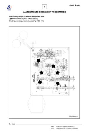 7 - 194
MAN. I4380.ES.USM000 (08/08/2013)
DOC. ROLL4Evo.CAP.01.R00 (17/03/2008)
7
MANTENIMIENTO ORDINARIO Y PROGRAMADO
Sidel S.p.A.
Pos.10 - Engranajes y cadenas debajo de la base
Operación: Utilice la grasa adhesiva spray.
1. Lubrique en los puntos indicados (Fig. 7.6.6 - 14).
Fig.7.6.6-14
 