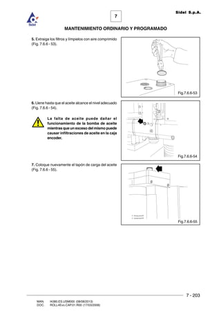 7 - 203
7
MANTENIMIENTO ORDINARIO Y PROGRAMADO
MAN. I4380.ES.USM000 (08/08/2013)
DOC. ROLL4Evo.CAP.01.R00 (17/03/2008)
Sidel S.p.A.
5. Extraiga los filtros y límpielos con aire comprimido
(Fig. 7.6.6 - 53).
6. Llene hasta que el aceite alcance el nivel adecuado
(Fig. 7.6.6 - 54).
La falta de aceite puede dañar el
funcionamiento de la bomba de aceite
mientras que un exceso del mismo puede
causar infiltraciones de aceite en la caja
encoder.
7. Coloque nuevamente el tapón de carga del aceite
(Fig. 7.6.6 - 55).
Fig.7.6.6-53
Fig.7.6.6-54
Fig.7.6.6-55
 