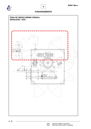 4 - 8
MAN. I4390.ES.USM000 (10/09/2013)
DOC. ROLL4Evo.CAP.01.R00 (17/03/2008)
FUNCIONAMIENTO
4
Sidel Sp.a.
ZONA DE RIESGO MÍNIMO ESIDUAL:
MODALIDAD “JOG”.
 