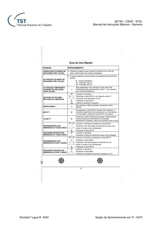 SETIN – CSUP - STEL
                                                                             Manual de Instruções Básicas - Siemens




                                            Guia de Uso Rápido
                 FUNÇÃO                    PROCEDIMENTO
                 VERIFICAÇÃO DO MODO DE    • Pressionar qualquer tecla numérica. Se ainda ouvir o tom de
                 DISCAGEM (TOM / PULSO)      discar, alterar para outro modo de discagem.
                                           • A chave localizada na parte inferior do equipamento permite três
                                             ajustes:
                 ALTERAÇÃO DO MODO DE
                 DISCAGEM (TOM / PULSO)              P PULSO (decádico)
                                                     T1 TOM flash 100 ms
                                                     T2 TOM flash 250 ms
                 ALTERAÇÃO TEMPORÁRIA                Após estabelecer uma chamada, trocar para TOM
                 DO MODO DE DISCAGEM                 (multifreqüencial) pressionando a tecla (por exemplo,
                 (TOM / PULSO)                       para consultar telebanco).
                                                     Levantar o monofone
                                              +      Pressionar a tecla MUTE e em seguida a tecla
                 SELEÇÃO DO VOLUME /
                                              ...    Pressionar uma das teclas (0 a 9)
                 MELODIA DA CAMPAINHA
                                                     Pressionar a tecla MUTE
                                                     Colocar o monofone no gancho
                                                     Para rediscar a última chamada, pressionar a tecla
                 REDISCAGEM                          REDIAL
                                                     Ao pressionar a tecla MUTE durante uma chamada, o
                 MUTE                                monofone desativará a transmissão de voz. Para reativar
                                                     a conversação, pressione a tecla MUTE novamente
                                                     Pressionar a tecla FLASH para acessar a determinados
                 FLASH                               serviços especiais (transferência de chamada,
                                                     atendimento simultâneo, desvio de chamada, entre outros)
                                               +     Levantar o monofone e pressionar a tecla MUTE
                 PROGRAMAÇÃO DAS                     Pressionar uma das teclas de memória de toque único
                 MEMÓRIAS DE TOQUE ÚNICO      ...    Discar o número a ser armazenado
                                                     Pressionar a tecla MUTE
                 DISCAGEM ATRAVÉS DAS                Levantar o monofone
                 MEMÓRIAS DE TOQUE ÚNICO             Pressionar a tecla de memória de toque único desejada
                                               +     Levantar o monofone e pressionar a tecla MUTE
                                                     Pressionar a tecla MEM
                 PROGRAMAÇÃO DAS
                 MEMÓRIAS DE DOIS TOQUES      ...    Pressionar uma das posições de memória (0 a 9)
                                              ...    Discar o número a ser armazenado
                                                     Pressionar a tecla MUTE
                                                     Levantar o monofone
                 DISCAGEM ATRAVÉS DAS
                                                     Pressionar a tecla MEM
                 MEMÓRIAS DE DOIS TOQUES
                                              ...    Pressionar a posição de memória desejada (0 a 9)




                                                           4




Dúvidas? Ligue R. 4040                                                          Seção de Aprimoramento em TI - SATI
 