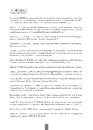 100
Ahumada, P. (2005). La evaluación auténtica: un sistema para la obtención de evidencias
y vivencias de los aprendizajes. Perspectiva Educacional, Formación de Profesores,
11-24. Recuperado de http://148.215.1.176/articulo.oa?id=333329100002
Álvarez, L. A. (2001). Los Mapas Conceptuales como una Herramienta para Evaluar los
Programas de Matemáticas, Física y Química del Nivel Medio Superior. Tesis Doctoral
no publicada. México: Universidad Autónoma de Baja California.
Anguiano, M.L., Huerta, J. et al (2014). Manual básico para la escritura de ensayos.
México: Asesoría en Tecnologías y Gestión Educativa, S.A.
Anijovich, R. y González, C. (2011). Evaluar para aprender. Conceptos e instrumentos.
Buenos Aires: Aique.
Arango, M. (2004). Foros virtuales como estrategia de aprendizaje. Revista de la Red
latinoamericana de cooperación universitaria. Disponible en http://www.rlcu.org.ar/revista/
numeros/02-02-Abril-2004/documentos/Arango.pdf
Atkin, J.M., Black, P., & Coffey, J.E. (Eds) (2001). Classroom assessment and the National
Science Education Standards. Washington, DC: National Academy Press.
Barberá, E. (1999). Evaluación de la enseñanza, evaluación del aprendizaje. Barcelona: Edebé.
Case, S. y Swanson, D. (1995). Cómo elaborar preguntas para evaluaciones escritas en
el área de ciencias básicas y clínicas. Philadelphia: National Board of Medical Examiners.
CINDA. (2014). Evaluación del aprendizaje en innovaciones curriculares de la educación
superior. Santiago: Centro Interuniversitario de Desarrollo.
Condemarín, M. y Medina, A. (2000). La evaluación auténtica de los aprendizajes. En
Evaluación de los Aprendizajes, Un Medio Para Mejorar las Competencias Lingüísticas
y Comunicativas. Santiago: Andrés Bello.
Darling-Hammond L. y Bransford, J.(Eds.). (2005). Preparing Teachers for a Changing
World. What Teachers Should Learn and Be Able to Do. San Francisco: Jossey-Bass.
Forster, C. y Rojas-Barahona, C. (2008). Evaluación al interior del aula: una mirada desde
la validez, confiabilidad y objetividad. Rev. Pensamiento Educativo (2008), 43, 285-305.
García Ramos, J.M. (1989). Bases pedagógicas de la evaluación. Madrid: Síntesis.
Gatica, F., Uribarren, T. (2013). ¿Cómo elaborar una rúbrica? Revista de Investigación
en Educación Médica, 2013; 2(1):61-65 85.
 