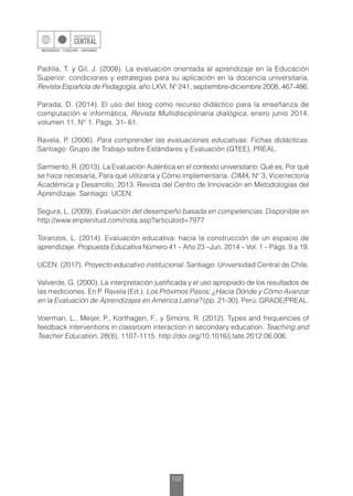 102
Padilla, T. y Gil, J. (2008). La evaluación orientada al aprendizaje en la Educación
Superior: condiciones y estrategias para su aplicación en la docencia universitaria.
Revista Española de Pedagogía, año LXVI, Nº 241, septiembre-diciembre 2008, 467-486.
Parada, D. (2014). El uso del blog como recurso didáctico para la enseñanza de
computación e informática. Revista Multidisciplinaria dialógica, enero junio 2014,
volumen 11, N° 1. Pags. 31- 61.
Ravela, P. (2006). Para comprender las evaluaciones educativas: Fichas didácticas.
Santiago: Grupo de Trabajo sobre Estándares y Evaluación (GTEE), PREAL.
Sarmiento, R. (2013). La Evaluación Auténtica en el contexto universitario: Qué es, Por qué
se hace necesaria, Para qué utilizarla y Cómo implementarla. CIMA, Nº 3, Vicerrectoría
Académica y Desarrollo, 2013. Revista del Centro de Innovación en Metodologías del
Aprendizaje. Santiago: UCEN.
Segura, L. (2009). Evaluación del desempeño basada en competencias. Disponible en
http://www.enplenitud.com/nota.asp?articuloid=7977
Toranzos, L. (2014). Evaluación educativa: hacia la construcción de un espacio de
aprendizaje. Propuesta Educativa Número 41 – Año 23 –Jun. 2014 – Vol. 1 – Págs. 9 a 19.
UCEN. (2017). Proyecto educativo institucional. Santiago: Universidad Central de Chile.
Valverde, G. (2000). La interpretación justificada y el uso apropiado de los resultados de
las mediciones. En P. Ravela (Ed.), Los Próximos Pasos: ¿Hacia Dónde y Cómo Avanzar
en la Evaluación de Aprendizajes en América Latina? (pp. 21-30). Perú: GRADE/PREAL.
Voerman, L., Meijer, P., Korthagen, F., y Simons, R. (2012). Types and frequencies of
feedback interventions in classroom interaction in secondary education. Teaching and
Teacher Education, 28(8), 1107-1115. http://doi.org/10.1016/j.tate.2012.06.006.
 