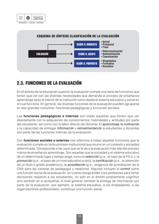 18
2.3. FUNCIONES DE LA EVALUACIÓN
En el ámbito de la educación superior la evaluación cumple una serie de funciones que
tienen que ver con las distintas necesidades que demanda el proceso de enseñanza
aprendizaje tanto al interior de la institución como desde el sistema educativo y social en
el cual funciona. En general, las diversas funciones de la evaluación pueden agruparse
en dos grandes conjuntos: funciones pedagógicas y funciones sociales.
Las funciones pedagógicas o internas son todas aquellas que tienen que ver
directamente con la adquisición de conocimientos, habilidades y actitudes por parte
del estudiante, así como con la labor directa del docente. El aprendizaje,la motivación
y la capacidad de entregar información y retroalimentación a estudiantes y docentes
son parte de las funciones internas de la evaluación.
Con funciones sociales o externas nos referimos a todas aquellas funciones que la
evaluación cumple en tanto proceso institucional que ocurre en un contexto y sociedad
determinada. Corresponde a los usos que se le da a la evaluación más allá del proceso
mismo de enseñanza aprendizaje. Son aquellas que la sociedad y el sistema educativo
de un determinado lugar y tiempo exige, como la selección (p.e., el caso de la P.S.U.), la
promoción (p.e., el paso de un nivel educativo a otro), la certificación (p.e., la obtención
de un título o grado académico), la acreditación (p.e., exigencia de acreditación de la
CNA para las carreras de pedagogía y medicina). Algunos incluyen el control como
una función social de la evaluación, en cuanto otorga poder a los profesores para tomar
decisiones respecto a los estudiantes, no solo en el ámbito propiamente cognitivo
sino también en el actitudinal. A nivel general, también la entrega de información por
parte de la evaluación -por ejemplo, al sistema educativo, a los empleadores, a las
organizaciones profesionales- constituye una función social.
ESQUEMA DE SÍNTESIS CLASIFICACIÓN DE LA EVALUACIÓN
SEGÚN EL MOMENTO
SEGÚN EL AGENTE
SEGÚN EL PROPÓSITO
• Inicial
• Procesual
• Final
• Heteroevaluación
• Autoevaluación
• Coevaluación
• Diagnóstica
• Formativa
• Sumativa
EVALUACIÓN
 