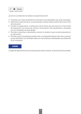 30
¿Cuál es la utilidad de las tablas de especificaciones?
•	 Visualizan con mayor facilidad los contenidos y las habilidades que serán evaluadas.
•	 Especifican el tipo de ítems, sus porcentajes o pesos relativos dentro del instrumento
de evaluación.
•	 Facilitan la organización y distribución de los ítems que estructuran el instrumento
de evaluación, de manera de construir instrumentos más equilibrados y alineados
con los resultados de aprendizaje.
•	 Permiten a docentes y estudiantes conocer en detalle lo que se está evaluando en
el instrumento.
•	 Permiten que los estudiantes puedan tener una retroalimentación más clara y precisa,
ya que identifican con facilidad cuáles son las fortalezas y debilidades que presentan
al ser evaluados.
La tabla de especificaciones se construye para cada una de las evaluaciones estructuradas.
¡ATENCIÓN!
 