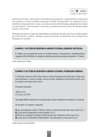 55
estime pertinentes –dentro de lo solicitado en la pregunta- y organizando su respuesta
de acuerdo a lo que considere adecuado. Puede corresponder a la resolución de un
problema compuesto de un caso, a la aplicación de determinadas categorías de análisis
a una situación, a la evaluación crítica de un problema social a partir de determinadas
teorías, entre otros.
Requiere la puesta en juego de habilidades de expresión escrita, así como de organización
de información e ideas. También puede favorecer el desarrollo del pensamiento
divergente y creativo.
EJEMPLO 1 DE ÍTEM DE RESPUESTA ABIERTA EXTENSA (CIENCIAS POLÍTICAS)
1. Realice una comparación entre los modelos liberal, corporativista y socialdemócrata
respectoalRoldelEstado,elmercadoylafamilia(4puntosporcadacomparación=12ptos.)
Fuente: Docente de CC. Políticas.
EJEMPLO 2 DE ÍTEM DE RESPUESTA ABIERTA EXTENSA (TECNOLOGÍA MÉDICA)
1. Paciente masculino de 67 años asiste a control acusando que desde hace 4 días se le
cae el párpado y a veces ve doble, más en la tarde. Diplopia es horizontal+vertical y por
la mañana no la nota (total: 8 pts.)
Al examen presenta:
VODI sc 5/5
CT sc pc y pl XHTd
Tecnólogo Médico decide citar a paciente para realizar medidas en la mañana y en la tarde.
De acuerdo a lo anterior, responda:
a) ¿En qué aspectos se fijó el TM para citarlo a nuevos controles dos veces a día? (2 p.)
b) ¿Cuál sería el diagnóstico más probable? (2 p.)
c) Nombre y explique 2 pruebas confirmatorias que realizaría en este caso (2 p.)
d) ¿Cuál sería el tratamiento oftalmológico más adecuado en este caso? (2 p.)
Fuente: Docente de Tecnología Médica.
 