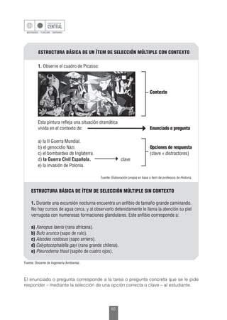 60
ESTRUCTURA BÁSICA DE UN ÍTEM DE SELECCIÓN MÚLTIPLE CON CONTEXTO
1. Observe el cuadro de Picasso:
							Contexto
Esta pintura refleja una situación dramática
vivida en el contexto de:				 Enunciado o pregunta
a) la II Guerra Mundial.
b) el genocidio Nazi.					 Opciones de respuesta
c) el bombardeo de Inglaterra.				 (clave + distractores)
d) la Guerra Civil Española.		 clave
e) la invasión de Polonia.
ESTRUCTURA BÁSICA DE ÍTEM DE SELECCIÓN MÚLTIPLE SIN CONTEXTO
1. Durante una excursión nocturna encuentra un anfibio de tamaño grande caminando.
No hay cursos de agua cerca, y al observarlo detenidamente le llama la atención su piel
verrugosa con numerosas formaciones glandulares. Este anfibio corresponde a:
a) Xenopus laevis (rana africana).
b) Bufo arunco (sapo de rulo).
c) Alsodes nodosus (sapo arriero).
d) Calyptocephalella gayi (rana grande chilena).
e) Pleurodema thaul (sapito de cuatro ojos).
Fuente: Elaboración propia en base a ítem de profesora de Historia.
Fuente: Docente de Ingeniería Ambiental.
El enunciado o pregunta corresponde a la tarea o pregunta concreta que se le pide
responder – mediante la selección de una opción correcta o clave – al estudiante.
 