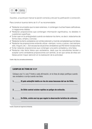 68
2 puntos, un punto por marcar la opción correcta y otro por la justificación o corrección.
Para construir buenos ítems de V o F es recomendable:
	 Redactar enunciados que no sean extensos, ni contengan muchas frases calificativas,
ni negaciones dobles.
	 Redactar proposiciones que contengan información significativa, no detalles ni
cuestiones superfluas;
	 Evitar caer en la ambigüedad cuando se elaboran los ítems, es decir, redactarlos de
forma clara, simple y concisa;
	 Redactar los ítems verdaderos con similar extensión y nivel de complejidad que los falsos.
	 Redactar las proposiciones evitando utilizar «siempre, nunca, a veces, casi siempre,
sólo, ninguno, etc.». Son escasa las situaciones verdaderas que NO tienen excepciones.
	 Evitar redactar proposiciones que contengan una parte verdadera y otra falsa;
	 Redactar más ítems falsos que verdaderos, dado que los estudiantes tienden a
aceptar como verdaderas proposiciones con sentido, al ver que varias de ellas son
falsas ponen mayor atención en la realización de la actividad.
EJEMPLOS DE ÍTEMS DE V O F
Coloque una V o una F frente a cada afirmación, en la línea de abajo justifique cuando
sea verdadera o corrija cuando sea falsa.
1. ______ El pato anteojillo habita en ríos de zonas boscosas del sur de Chile.
	___________________________________________________________
2. ______ En Chile central existen reptiles en peligro de extinción.
	___________________________________________________________
3. ______ En Chile, existe una Ley que regula la observación turística de cetáceos.
	___________________________________________________________
Fuente: Docente de Ingeniería Ambiental.
Fuente: http://cvc.cervantes.es/ensenanza
 