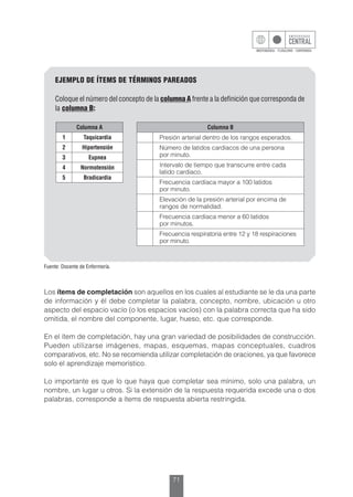 71
EJEMPLO DE ÍTEMS DE TÉRMINOS PAREADOS
Coloque el número del concepto de la columna A frente a la definición que corresponda de
la columna B:
Fuente: Docente de Enfermería.
Columna A
1 Taquicardia
2 Hipertensión
3 Eupnea
4 Normotensión
5 Bradicardia
Columna B
Presión arterial dentro de los rangos esperados.
Número de latidos cardiacos de una persona
por minuto.
Intervalo de tiempo que transcurre entre cada
latido cardiaco.
Frecuencia cardiaca mayor a 100 latidos
por minuto.
Elevación de la presión arterial por encima de
rangos de normalidad.
Frecuencia cardiaca menor a 60 latidos
por minutos.
Frecuencia respiratoria entre 12 y 18 respiraciones
por minuto.
Los ítems de completación son aquellos en los cuales al estudiante se le da una parte
de información y él debe completar la palabra, concepto, nombre, ubicación u otro
aspecto del espacio vacío (o los espacios vacíos) con la palabra correcta que ha sido
omitida, el nombre del componente, lugar, hueso, etc. que corresponde.
En el ítem de completación, hay una gran variedad de posibilidades de construcción.
Pueden utilizarse imágenes, mapas, esquemas, mapas conceptuales, cuadros
comparativos, etc. No se recomienda utilizar completación de oraciones, ya que favorece
solo el aprendizaje memorístico.
Lo importante es que lo que haya que completar sea mínimo, solo una palabra, un
nombre, un lugar u otros. Si la extensión de la respuesta requerida excede una o dos
palabras, corresponde a ítems de respuesta abierta restringida.
 