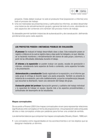 75
proyecto. Estás deben evaluar no solo el producto final (exposición e informe) sino
todo el proceso de trabajo.
8.	 Una vez realizadas las presentaciones y calificados los informes, se debe desarrollar
una instancia de retroalimentación grupal y general de todo el curso, abordando no
solo aspectos del contenido sino también del proceso mismo de trabajo.
Es deseable permitir también instancias de autoevaluación y de coevaluación, definiendo
ponderaciones para cada aspecto.
LOS PROYECTOS POSEEN 4 INSTANCIAS POSIBLES DE EVALUACIÓN:
El proceso: Se evaluará el trabajo desarrollado clase a clase. Esta evaluación posee un
registro o bitácora en la cual se registra clase a clase quién ha trabajado y en qué. Además,
se va haciendo monitoreo y retroalimentación del avance de cada grupo y alumno/a, a
partir de las dificultades detectadas durante el trabajo.
El informe y la exposición: se pueden evaluar con pautas, escalas de apreciación o
rúbricas, considerando tanto aspectos de fondo o contenido, como aspectos formales
o de presentación.
Autoevaluación y coevaluación: Queda registrada en la exposición y en el informe que
cada grupo le entrega al docente según una pauta propuesta. También se presenta la
instancia de co-evaluación, pero sólo cualitativamente, ya que los compañeros(as) después
que escuchan la disertación, hacen una valoración del trabajo del grupo.
Evaluación global del profesor: Apreciación general y cualitativa del trabajo individual
y la capacidad de trabajar en equipo. Apunta más a los aspectos procedimentales y
actitudinales del desempeño de los estudiantes.
Mapas conceptuales:
De acuerdo a Álvarez (2001) los mapas conceptuales sirven para representar relaciones
significativas entre conceptos en forma de proposiciones. Una proposición está compuesta
de dos o más conceptos unidos por palabras para formar una unidad de sentido.
Los elementos básicos que componen los mapas conceptuales (Novak y Gowin, 1988) son:
•	 Los conceptos como regularidades en los acontecimientos o en los objetos que se
designan mediante un término.
 