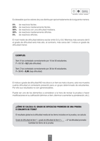 93
EJEMPLOS:
Ítem X fue contestado correctamente por 10 de 50 estudiantes.
P =10/ 50 = 0,2 (alta dificultad)
Ítem Z fue contestado correctamente por 38 de 40 estudiantes.
P= 38/40 = 0,95 (baja dificultad)
Es deseable que los valores de p se distribuyan aproximadamente de la siguiente manera:
5%	 de reactivos fáciles.
20%	 de reactivos medianamente fáciles.
50%	 de reactivos con una dificultad mediana.
20%	 de reactivos medianamente difíciles.
5%	 de reactivos difíciles.
El nivel medio de dificultad debiera oscilar entre 0,5 y 0,6. Mientras más cercano del 0
el grado de dificultad será más alto, al contrario, más cerca del 1 indica un grado de
dificultad menor.
El índice o grado de dificultad NO nos dice si un ítem es malo o bueno, solo nos muestra
cuánta dificultad al contestarlo presentó para un grupo determinado de estudiantes.
Por ello sus resultados no son generalizables.
Puede ser uno de los elementos a considerar a la hora de revisar la prueba o hacer
modificaciones en su calificación (eliminar un ítem, disminuir o aumentar su ponderación, etc.).
¿CÓMO SE CALCULA EL GRADO DE DIFICULTAD PROMEDIO DE UNA PRUEBA
O CONJUNTO DE ÍTEMS?
El resultado global es la dificultad media de los ítems incluidos en la prueba y se calcula:
Grado de dificultad de ítem 1 + grado de dificultad de ítem 2 +…. = G° de dificultad promedio
		 Cantidad de ítems de la prueba
 