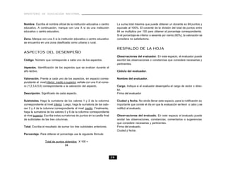MINISTERIO DE EDUCACIÓN NACIONAL



Nombre. Escriba el nombre oficial de la institución educativa o centro           La suma total máxima que puede obtener un docente es 84 puntos y
educativo. A continuación, marque con una X si es una institución                equivale al 100%. El cociente de la división del total de puntos entre
educativa o centro educativo.                                                    84 se multiplica por 100 para obtener el porcentaje correspondiente.
                                                                                 Si el porcentaje es inferior a sesenta por ciento (60%), la valoración se
Zona. Marque con una X si la institución educativa o centro educativo            considera no satisfactoria.
se encuentra en una zona clasificada como urbana o rural.

                                                                                 RESPALDO DE LA HOJA
ASPECTOS DEL DESEMPEÑO
                                                                                 Observaciones del evaluador. En este espacio, el evaluador puede
Código. Número que corresponde a cada uno de los aspectos.                       escribir las observaciones o constancias que considere necesarias y
                                                                                 pertinentes.
Aspectos. Identificación de los aspectos que se evalúan durante el
año lectivo.                                                                     Cédula del evaluador.

Valoración. Frente a cada uno de los aspectos, en espacio corres-                Nombre del evaluador.
pondiente al nivel inferior, medio o superior, señale con una X el núme-
ro (1,2,3,4,5,6) correspondiente a la valoración del aspecto.                    Cargo. Indique si el evaluador desempeña el cargo de rector o direc-
                                                                                 tor.
Descripción. Significado de cada aspecto.                                        Firma del evaluador

Subtotales. Haga la sumatoria de los valores 1 y 2 de la columna                 Ciudad y fecha. No olvide llenar este espacio, para la notificación es
correspondiente al nivel inferior. Luego, haga la sumatoria de los valo-         importante que conste el día en que la evaluación se llevó a cabo y se
res 3 y 4 de la columna correspondiente al nivel medio. Finalmente,              notificó al evaluado.
haga la sumatoria de los valores 5 y 6 de la columna correspondiente
al nivel superior. Escriba estas sumatorias de puntos en la casilla final        Observaciones del evaluado. En este espacio el evaluado puede
de subtotales de las tres columnas.                                              anotar las observaciones, constancias, comentarios o sugerencias
                                                                                 que considere necesarias y pertinentes.
Total. Escriba el resultado de sumar los tres subtotales anteriores.             Firma del evaluado.
                                                                                 Ciudad y fecha.
Porcentaje. Para obtener el porcentaje use la siguiente fórmula:

                  Total de puntos obtenidos X 100 =
                                  84



                                                                            26
 