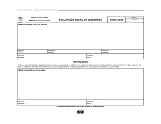 MINISTERIO DE EDUCACIÓN NACIONAL



                    REPÚBLICA DE COLOMBIA                                                                                                                                   FORMATO A

                 MINISTERIO DE EDUCACIÓN NACIONAL              EVALUACIÓN ANUAL DE DESEMPEÑO                                                 ORIENTADOR                       Año lectivo


OBSERVACIONES DEL EVALUADOR




Cédula del                                   Nombre del                                                                         Cargo del
evaluador                                    evaluador                                                                          evaluador

Firma del                                                                                                Ciudad y
evaluador                                                                                                fecha


                                                                                     NOTIFICACIÓN
Contra los resultados de esta evaluación procede el recurso de reposición y, en subsidio, el de apelación, interpuesto ante el evaluador dentro de los cinco (5) días hábiles siguientes a la
fecha de notificación. El recurso debe presentarse por escrito, personalmente o mediante apoderado, con la exposición de los motivos de inconformidad.

OBSERVACIONES DEL EVALUADO




Firma del                                                                                                Ciudad y
Orientador                                                                                               fecha

                                                           El evaluado debe conservar una copia firmada de esta evaluación.


                                                                                             30
 