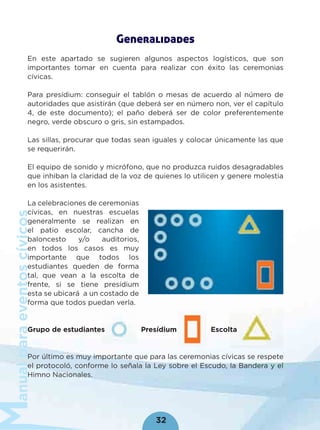 anualparaeventoscívicos
32
Generalidades
En este apartado se sugieren algunos aspectos logísticos, que son
importantes tomar en cuenta para realizar con éxito las ceremonias
cívicas.
Para presídium: conseguir el tablón o mesas de acuerdo al número de
autoridades que asistirán (que deberá ser en número non, ver el capítulo
4, de este documento); el paño deberá ser de color preferentemente
negro, verde obscuro o gris, sin estampados.
Las sillas, procurar que todas sean iguales y colocar únicamente las que
se requerirán.
El equipo de sonido y micrófono, que no produzca ruidos desagradables
que inhiban la claridad de la voz de quienes lo utilicen y genere molestia
en los asistentes.
La celebraciones de ceremonias
cívicas, en nuestras escuelas
generalmente se realizan en
el patio escolar, cancha de
baloncesto y/o auditorios,
en todos los casos es muy
importante que todos los
estudiantes queden de forma
tal, que vean a la escolta de
frente, si se tiene presídium
esta se ubicará a un costado de
forma que todos puedan verla.
Grupo de estudiantes Presídium Escolta
Por último es muy importante que para las ceremonias cívicas se respete
el protocoló, conforme lo señala la Ley sobre el Escudo, la Bandera y el
Himno Nacionales.
Grupo de estudiantes Presídium Escoltaídium Escolta
 