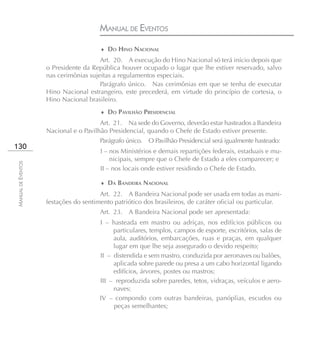 MANUAL DE EVENTOS
                                       ♦ DO HINO NACIONAL

                                       Art. 20. A execução do Hino Nacional só terá início depois que
                    o Presidente da República houver ocupado o lugar que lhe estiver reservado, salvo
                    nas cerimônias sujeitas a regulamentos especiais.
                                       Parágrafo único. Nas cerimônias em que se tenha de executar
                    Hino Nacional estrangeiro, este precederá, em virtude do princípio de cortesia, o
                    Hino Nacional brasileiro.
                                       ♦ DO PAVILHÃO PRESIDENCIAL

                                       Art. 21. Na sede do Governo, deverão estar hasteados a Bandeira
                    Nacional e o Pavilhão Presidencial, quando o Chefe de Estado estiver presente.
                                       Parágrafo único. O Pavilhão Presidencial será igualmente hasteado:
130
                                       I – nos Ministérios e demais repartições federais, estaduais e mu-
                                           nicipais, sempre que o Chefe de Estado a eles comparecer; e
MANUAL DE EVENTOS




                                       II – nos locais onde estiver residindo o Chefe de Estado.

                                       ♦ DA BANDEIRA NACIONAL

                                       Art. 22. A Bandeira Nacional pode ser usada em todas as mani-
                    festações do sentimento patriótico dos brasileiros, de caráter oficial ou particular.
                                       Art. 23. A Bandeira Nacional pode ser apresentada:
                                       I – hasteada em mastro ou adriças, nos edifícios públicos ou
                                            particulares, templos, campos de esporte, escritórios, salas de
                                            aula, auditórios, embarcações, ruas e praças, em qualquer
                                            lugar em que lhe seja assegurado o devido respeito;
                                       II – distendida e sem mastro, conduzida por aeronaves ou balões,
                                            aplicada sobre parede ou presa a um cabo horizontal ligando
                                            edifícios, árvores, postes ou mastros;
                                       III – reproduzida sobre paredes, tetos, vidraças, veículos e aero-
                                            naves;
                                       IV – compondo com outras bandeiras, panóplias, escudos ou
                                            peças semelhantes;
 